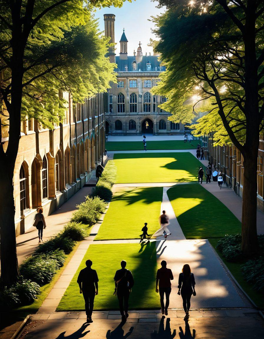 A stunning view of the iconic Cambridge University architecture, with students of diverse backgrounds walking and engaging in discussions on campus. Bright banners saying 'Unlocking Academic Excellence' float in the air, surrounded by lush greenery and historic buildings. Sunlight filters through the trees, casting a warm glow on the scene, symbolizing innovation and collaboration in learning. vibrant colors. super-realistic.