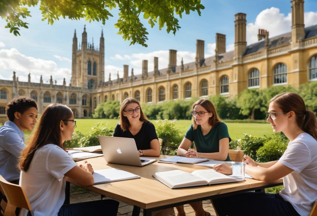 A diverse group of students engaged in collaborative learning, sitting around a large table stacked with books and laptops, brainstorming ideas with expressive body language. A mentor figure guiding the discussion, encapsulating support and inspiration. The backdrop features iconic Cambridge architecture, lush greenery, and a bright sky symbolizing hope and growth. super-realistic. vibrant colors. educational theme.