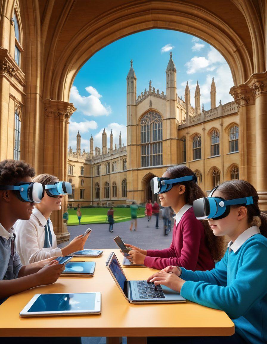 A dynamic classroom scene featuring diverse students engaged in interactive learning with advanced technology like VR headsets and tablets, highlighting innovative educational methods. Include a backdrop of the iconic Cambridge architecture with students collaborating and discussing. Bright and inviting colors showcasing creativity and inspiration. super-realistic. vibrant colors. 3D.
